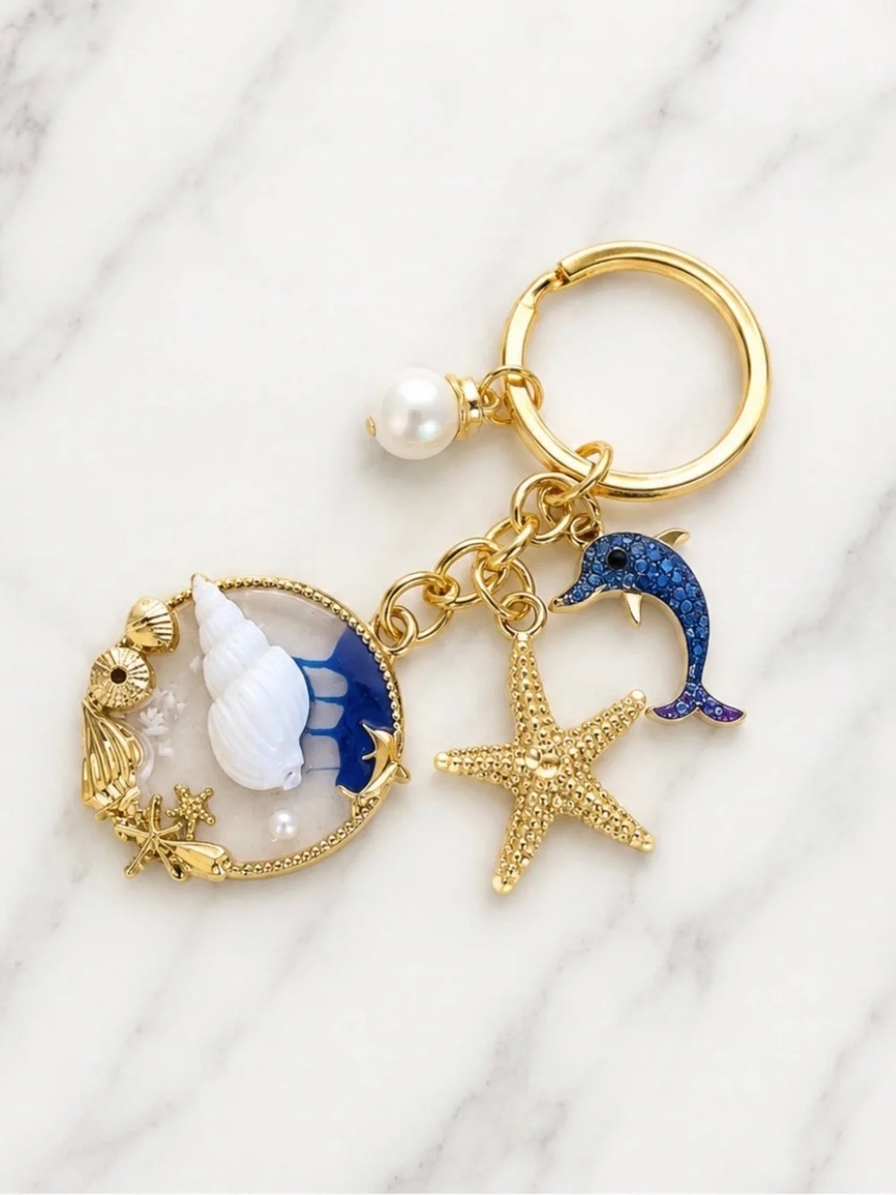 Bag Charm/Keyring-Beach Themed Starfish, Dolphin & Shells-Gold Hardware